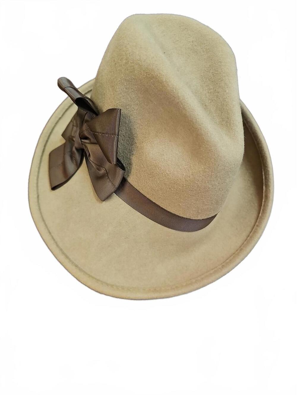 Adora Adjustable Perfect Fit Wool Felt Hat. Color Beige and Brown Ribbon Band